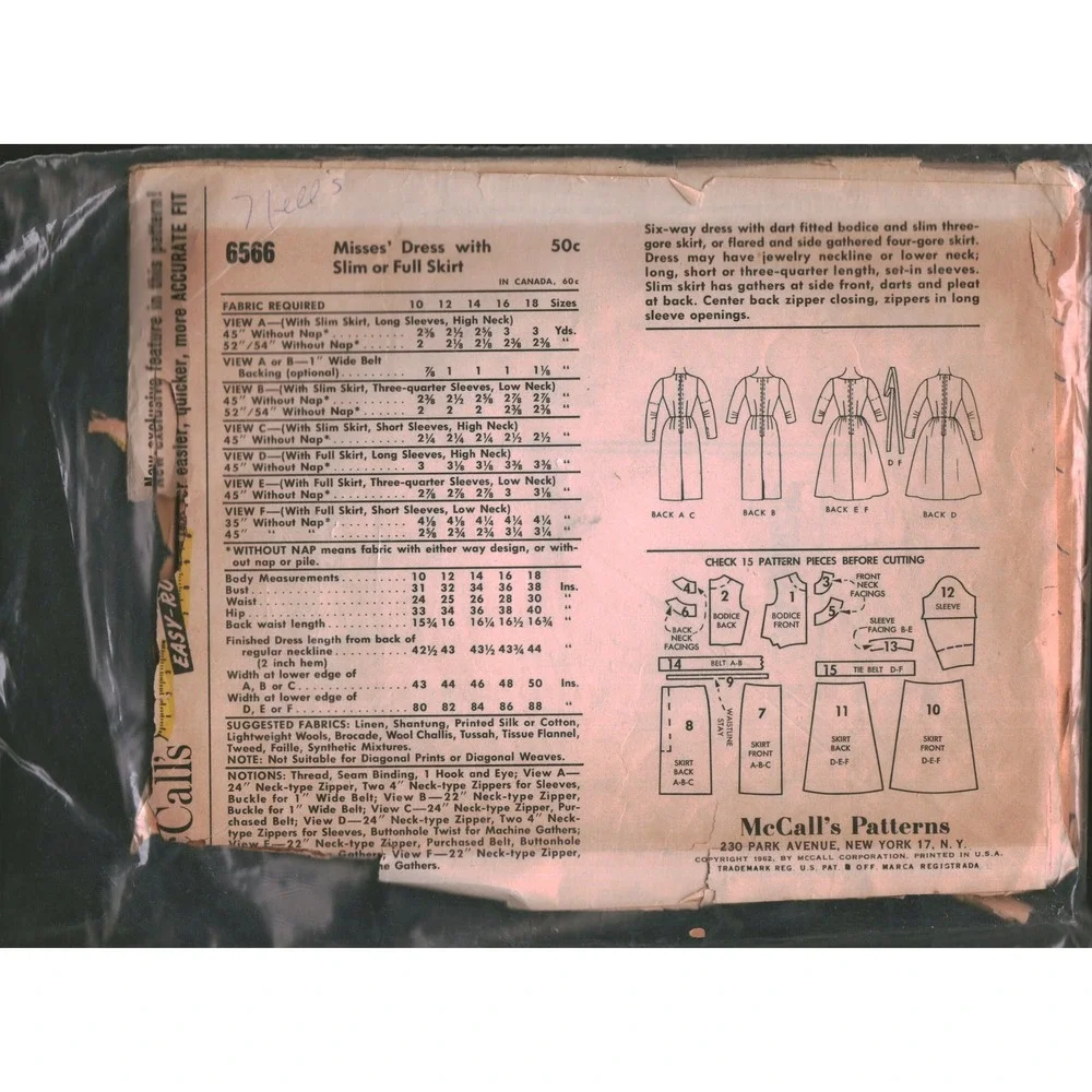 Vintage 1962 McCalls 6566 Sewing Pattern Misses Dress Slim Full Skirt Size 12